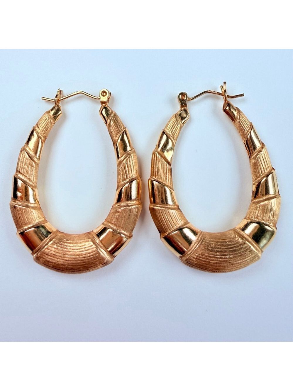 14K Solid Yellow Gold Bamboo Polished & Matte Oval Hoop 1.4" Vintage Earrings